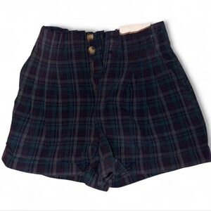 American Eagle Outfitters Navy Plaid High-Waisted Shorts